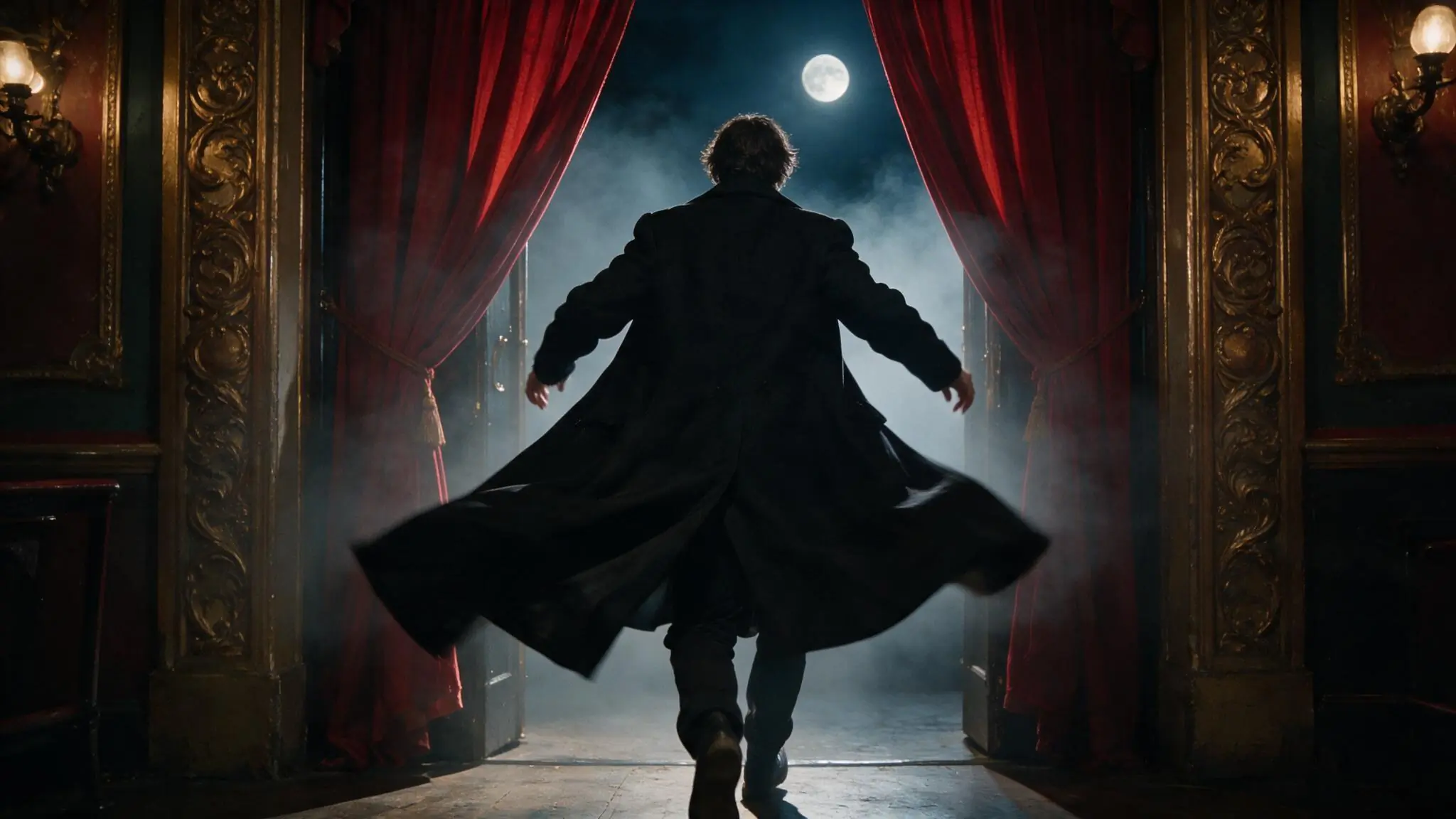 Fictional adult performer entering a moonlit theater illustrating a dolly-in text-to-video direction