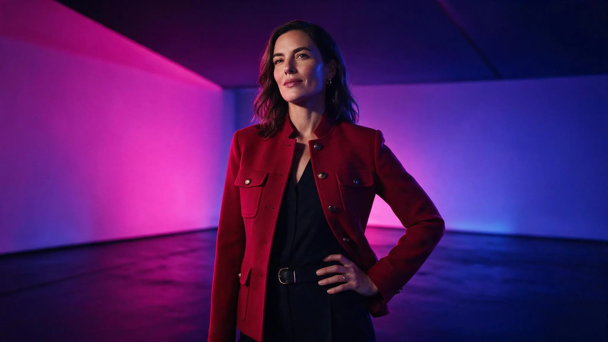 Fictional adult creative director in color-block lighting illustrating a text-to-image prompt